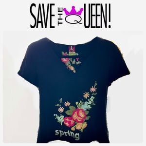 Save The Queen Embroidered black V Neck T-Shirt Made in Italy (Luxury Brand)